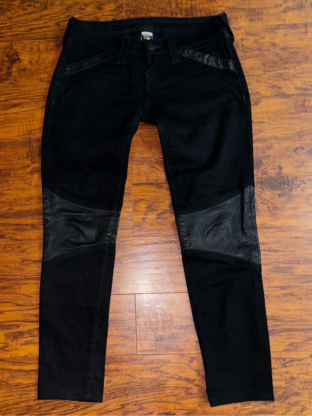 True Religion Brand Jeans Skinny Black Moto Jeans with 100% Lamb Leather Panels